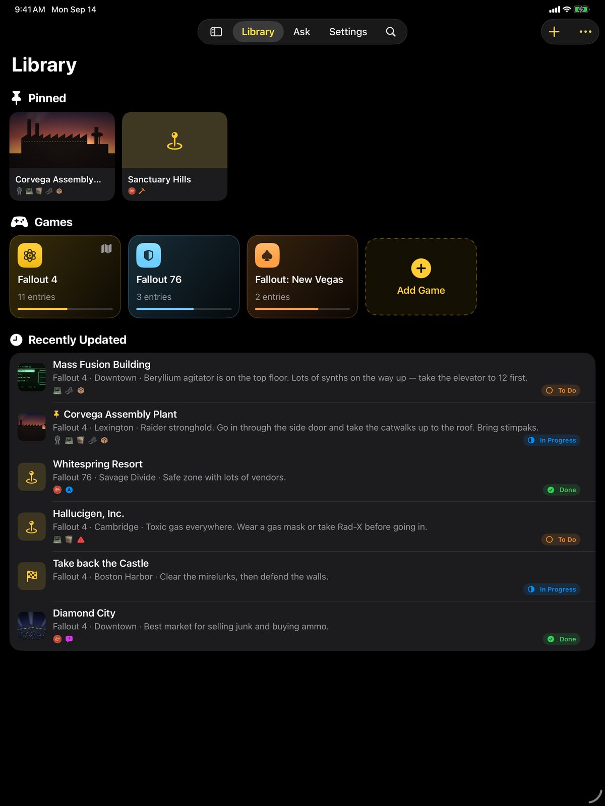The Library on iPad with pinned notes, games and recently updated locations