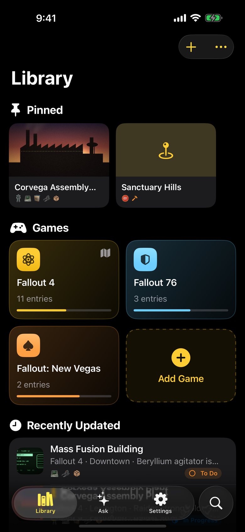 Location Notes for Fallout on iPhone: the Library with pinned notes and recently logged locations
