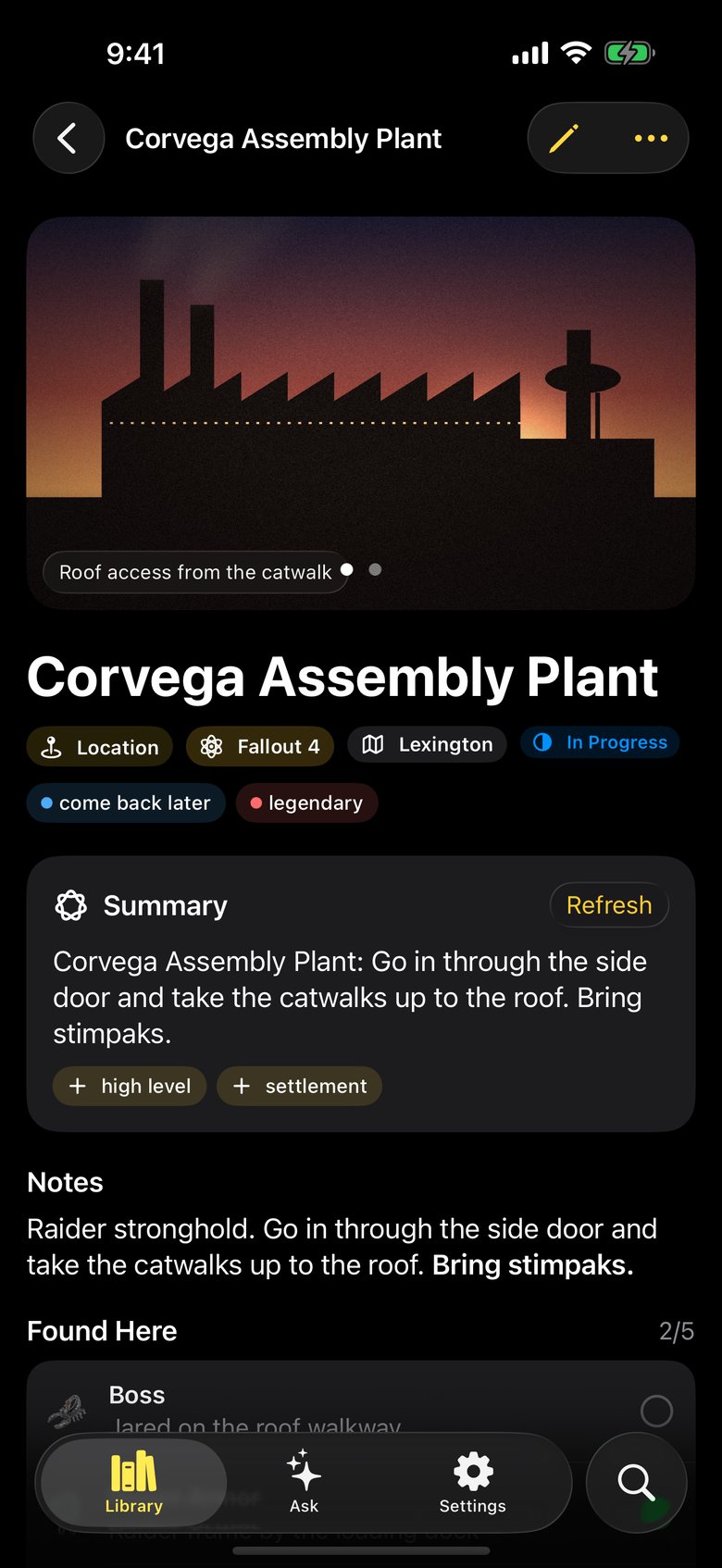 A logged location, Corvega Assembly Plant, with a photo, tags, a summary and a list of findings