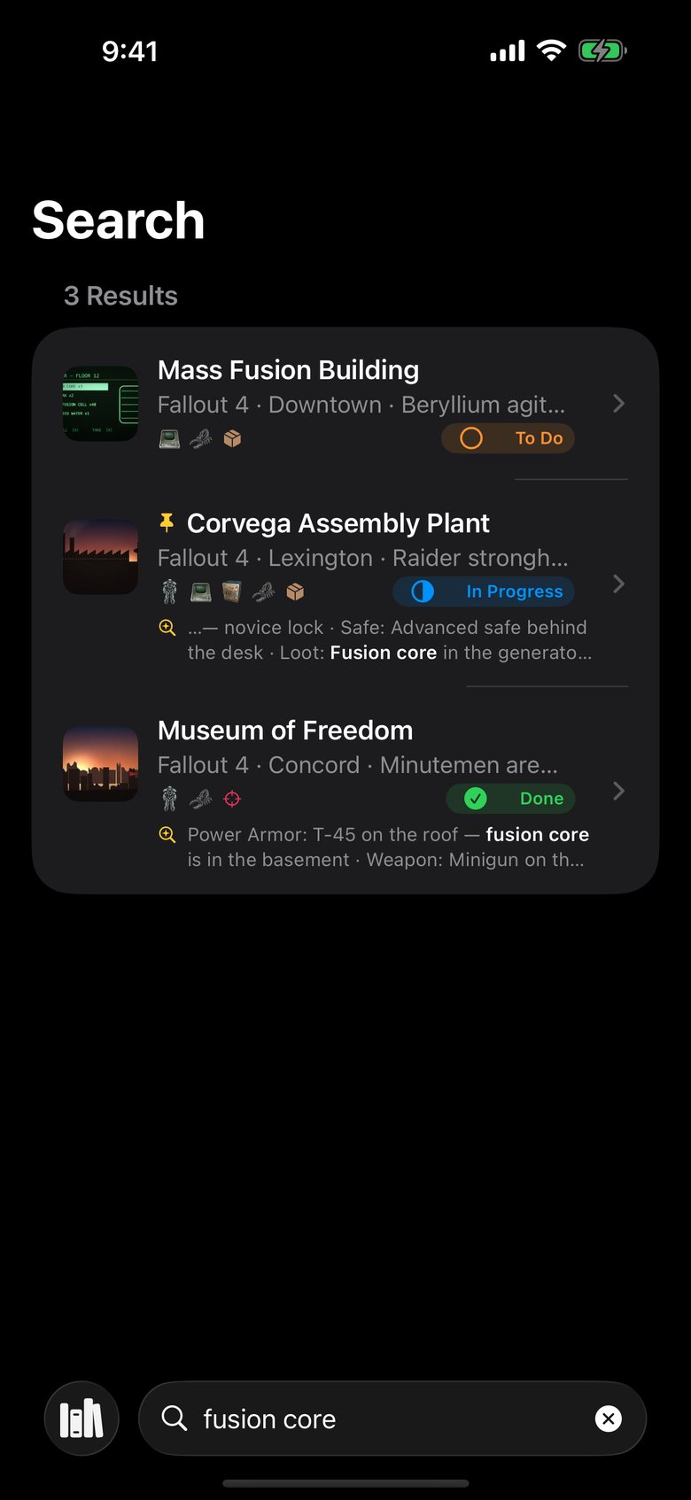 Search results for fusion core across notes, findings and screenshot text