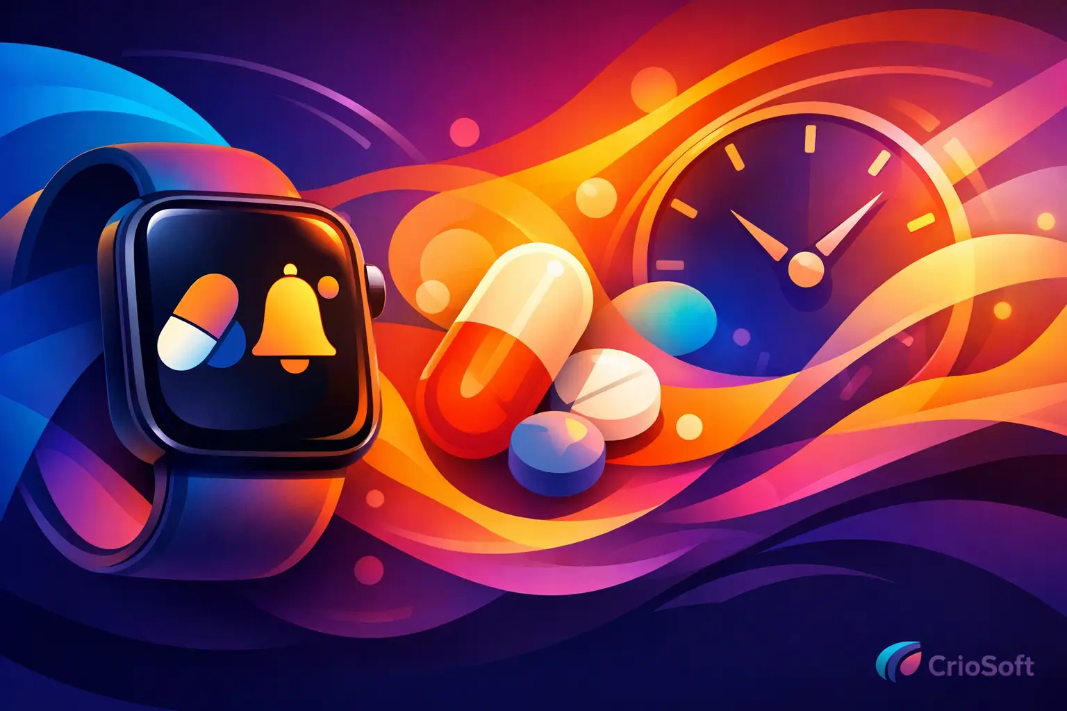 Apple Watch medication reminder illustration with medicine pills and a clock