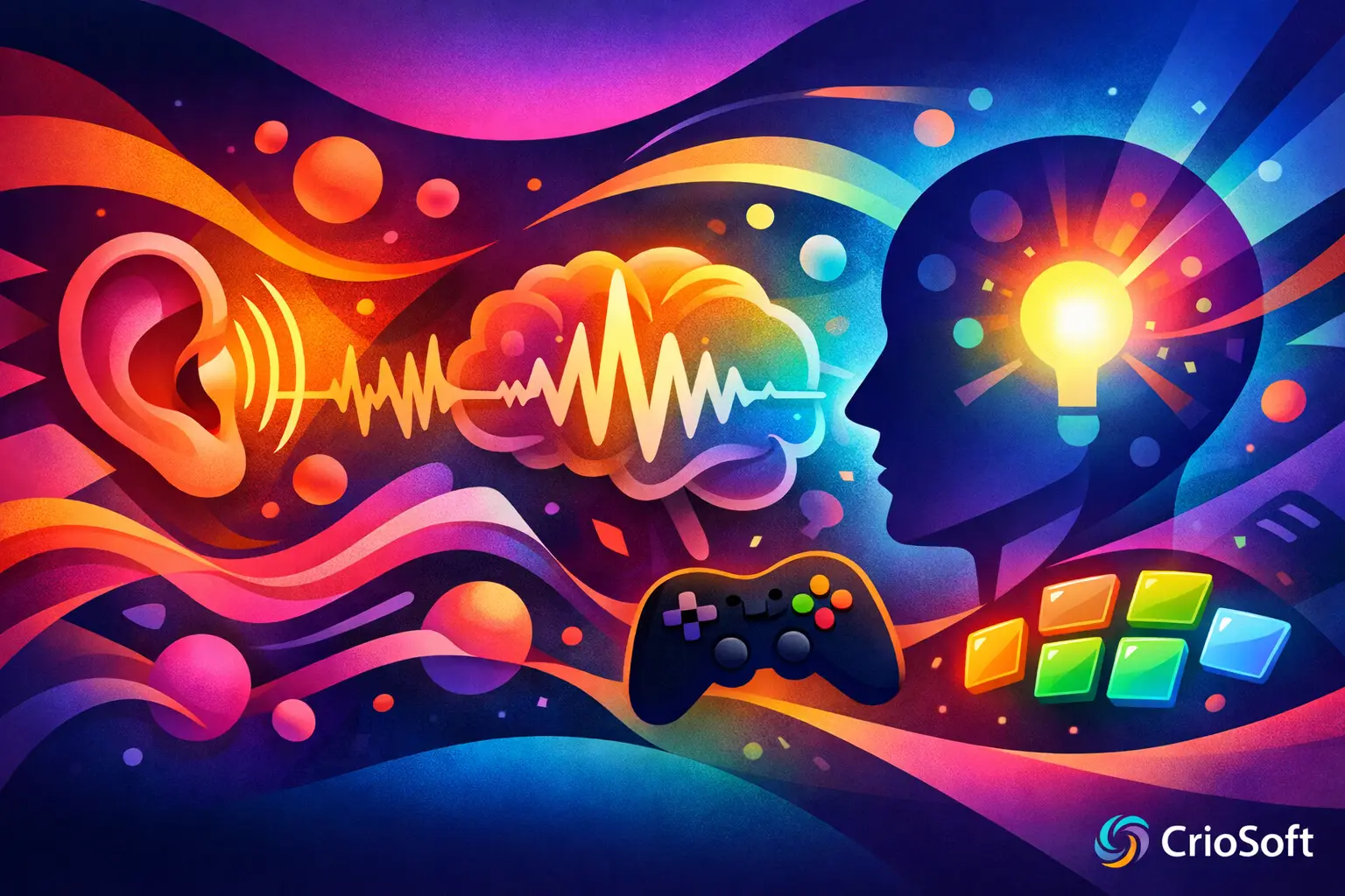 Illustration of audio memory training with sound waves, brain, game controller, and colorful puzzle tiles